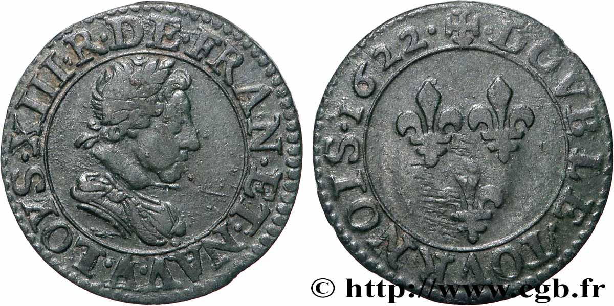 LOUIS XIII  Double tournois, type 2 de Paris 1622 Paris MBC
