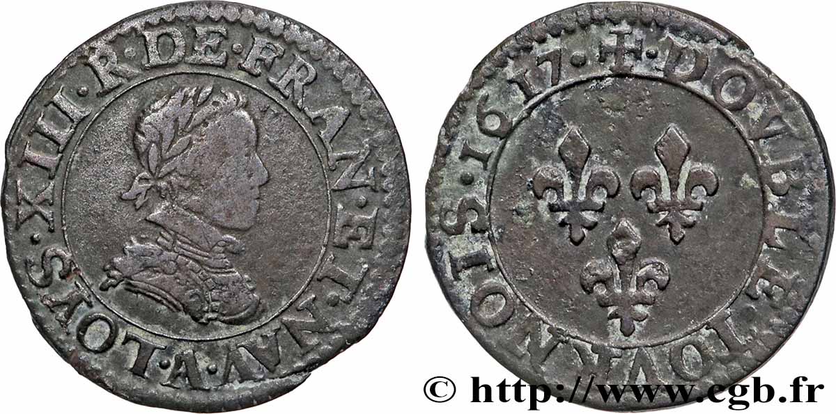 LOUIS XIII  Double tournois, type 1 1617 Paris, Moulin du Louvre fSS/SS