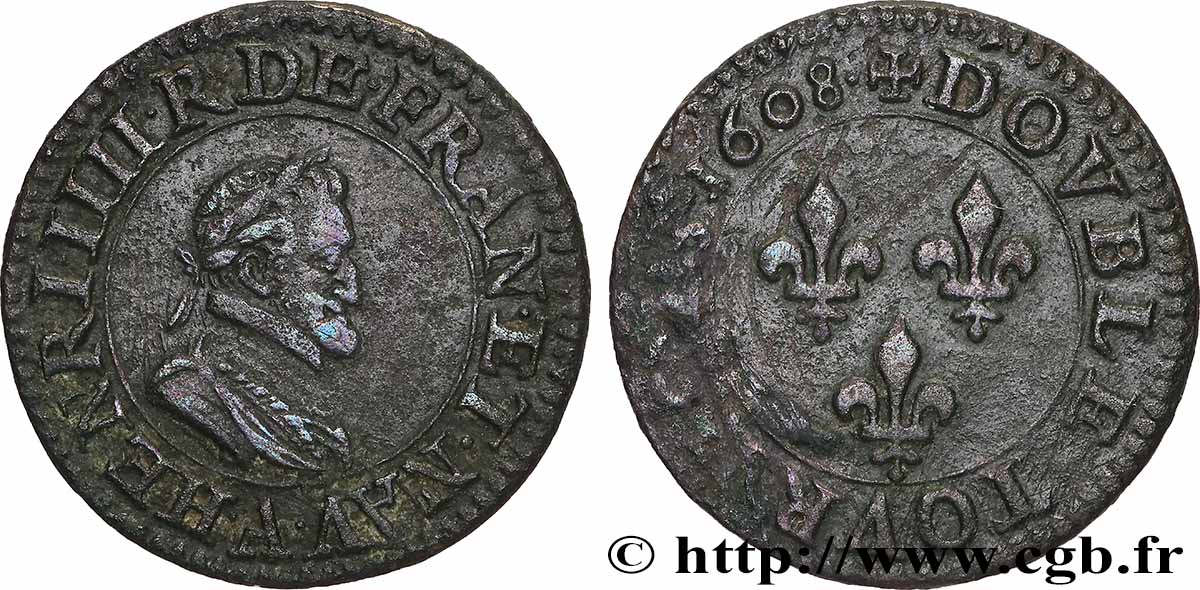 HENRI IV LE GRAND Double tournois, 2e type de Paris (légende française) 1608 Paris TTB