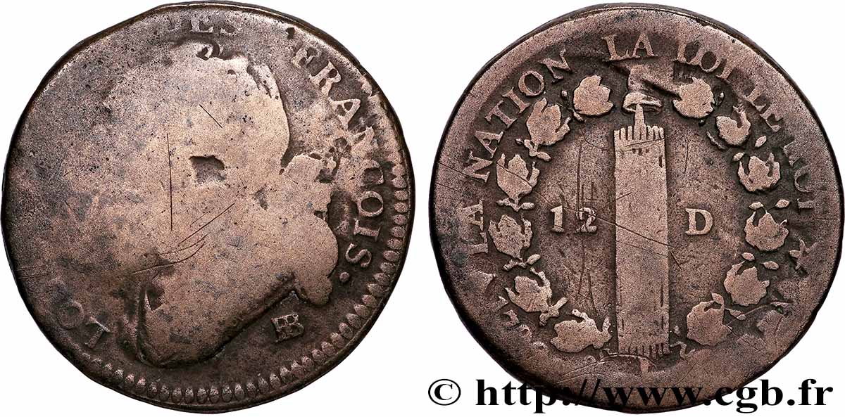 LOUIS XVI (MONARQUE CONSTITUTIONNEL)  12 deniers dit &nbsp;au faisceau&nbsp;, type FRANCOIS 1792 Besançon B