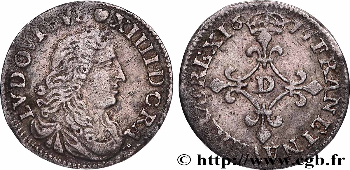 LOUIS XIV LE GRAND OU LE ROI SOLEIL Quatre sols à la croix formée de lis 1677 Vimy-en-Lyonnais (actuellement Neuville-sur-Saône) TTB