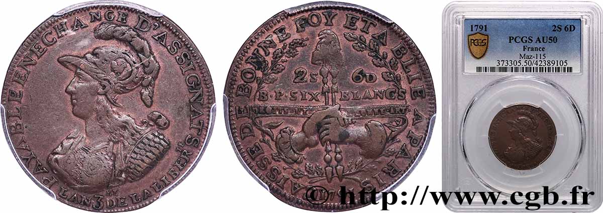 REVOLUTION COINAGE Six blancs de Montagny 1791  SS50