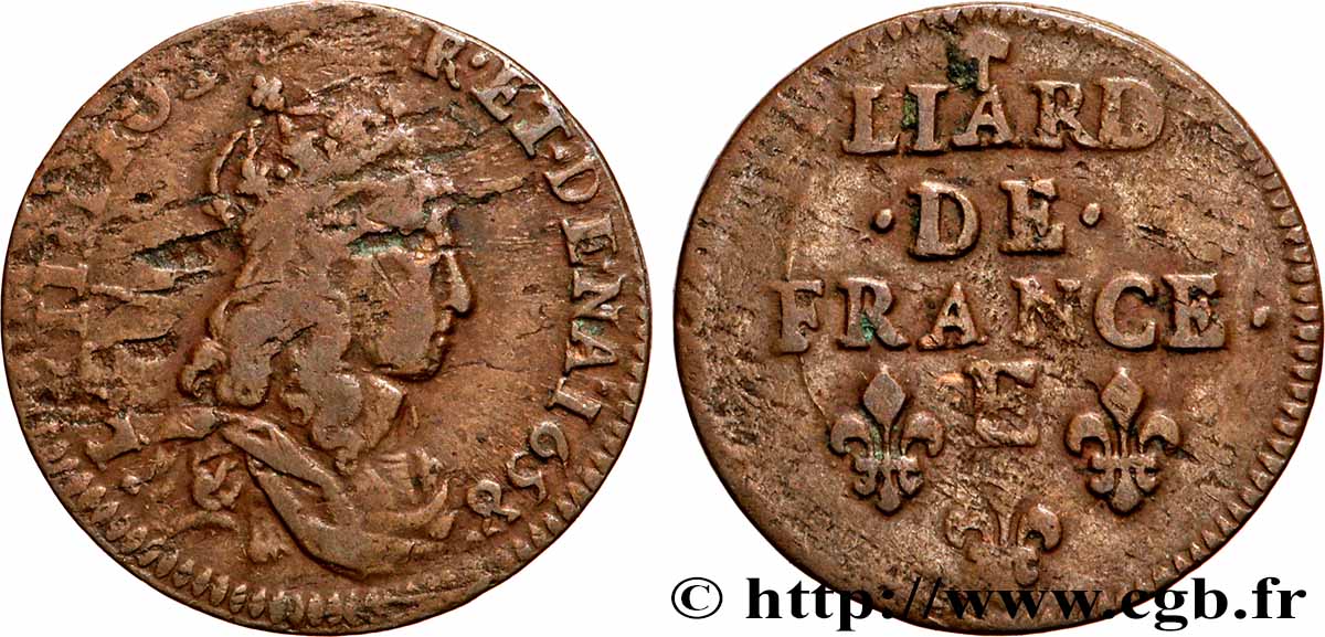 LOUIS XIV  THE SUN KING  Liard de cuivre, 2e type 1658 Meung-sur-Loire fSS/SS