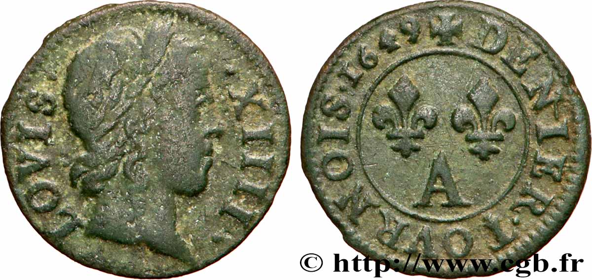 LOUIS XIV LE GRAND OU LE ROI SOLEIL Denier tournois 1649 Paris, Moulin du Louvre TB+/TTB