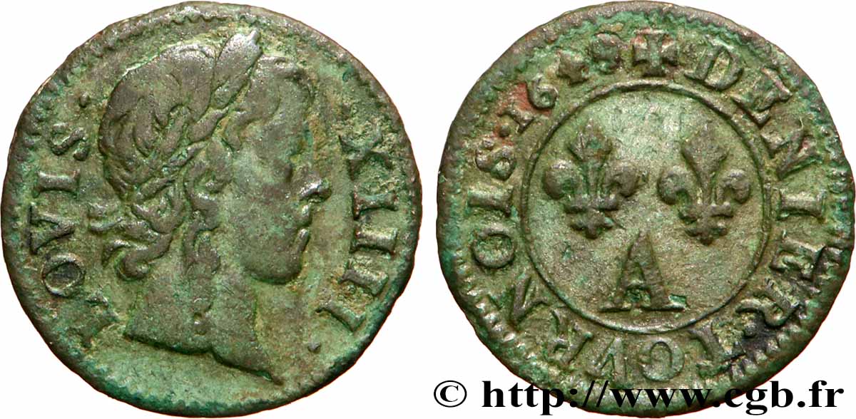 LOUIS XIV  THE SUN KING  Denier tournois 1649 Paris, Moulin du Louvre BC+