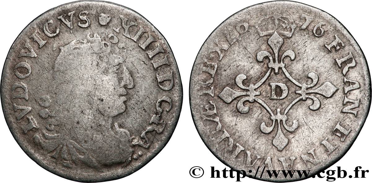 LOUIS XIV  THE SUN KING  Quatre sols à la croix formée de lis 1676 Vimy-en-Lyonnais (actuellement Neuville-sur-Saône) S/fSS