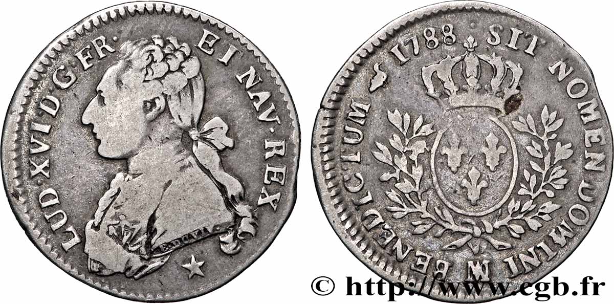 LOUIS XVI Cinquième d&nbsp;écu aux branches d&nbsp;olivier 1788 Marseille VF
