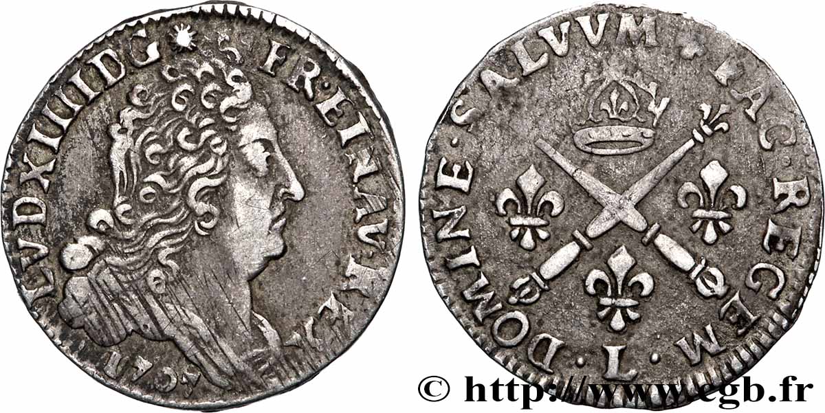 LOUIS XIV &nbsp;THE SUN KING&nbsp; 10 sols aux insignes 1707 Bayonne XF