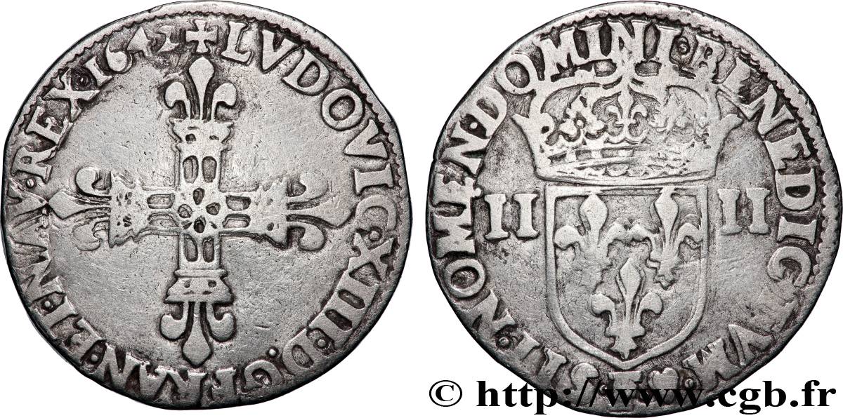 LOUIS XIII  Quart d&nbsp;écu, à la croix fleurdelisée, titulature côté croix 1642 Angers SS