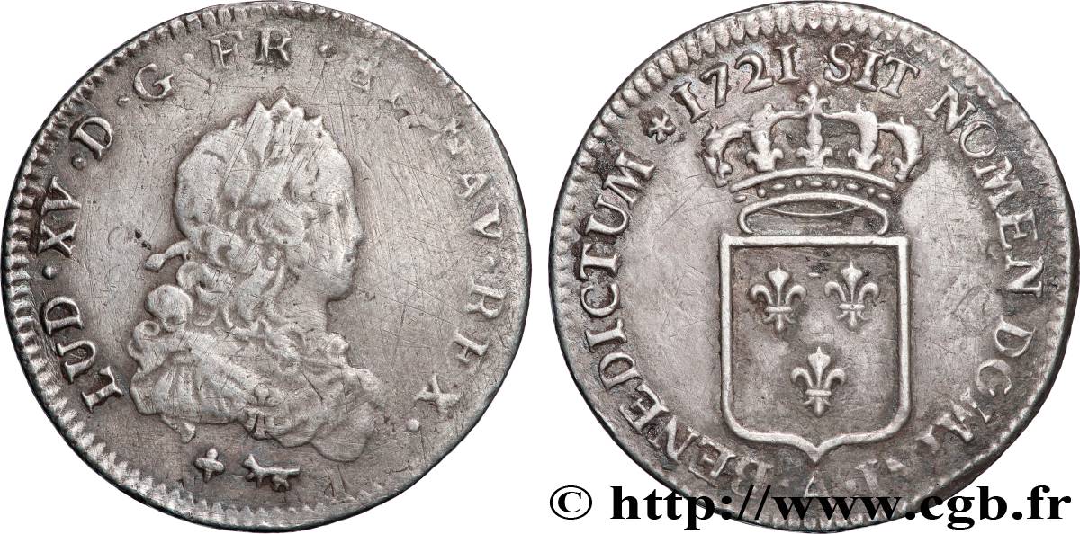 LOUIS XV &nbsp;THE WELL-BELOVED&nbsp; Tiers d&nbsp;écu de France 1721 Paris SS/fVZ