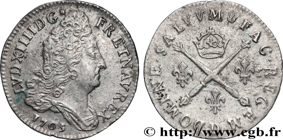 LOUIS XIV LE GRAND OU LE ROI SOLEIL 10 sols aux insignes 1705 Lyon TTB+