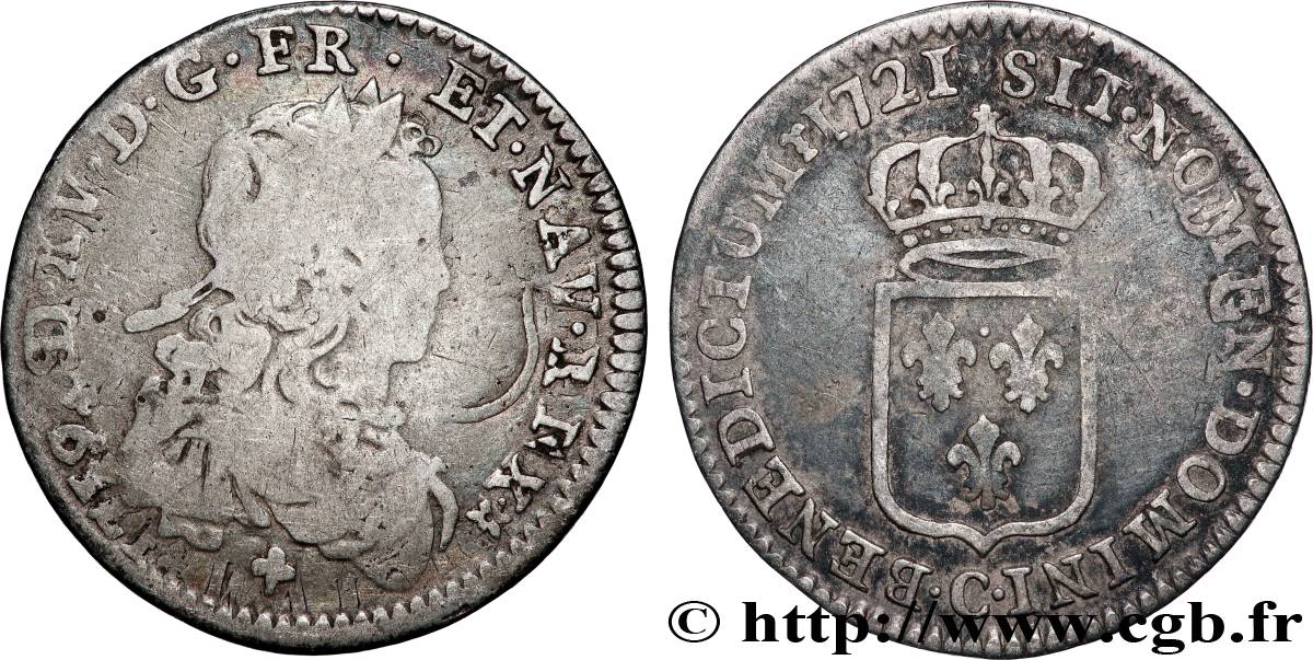 LOUIS XV &nbsp;THE WELL-BELOVED&nbsp; Sixième d&nbsp;écu de France 1721 Caen SGE/fS