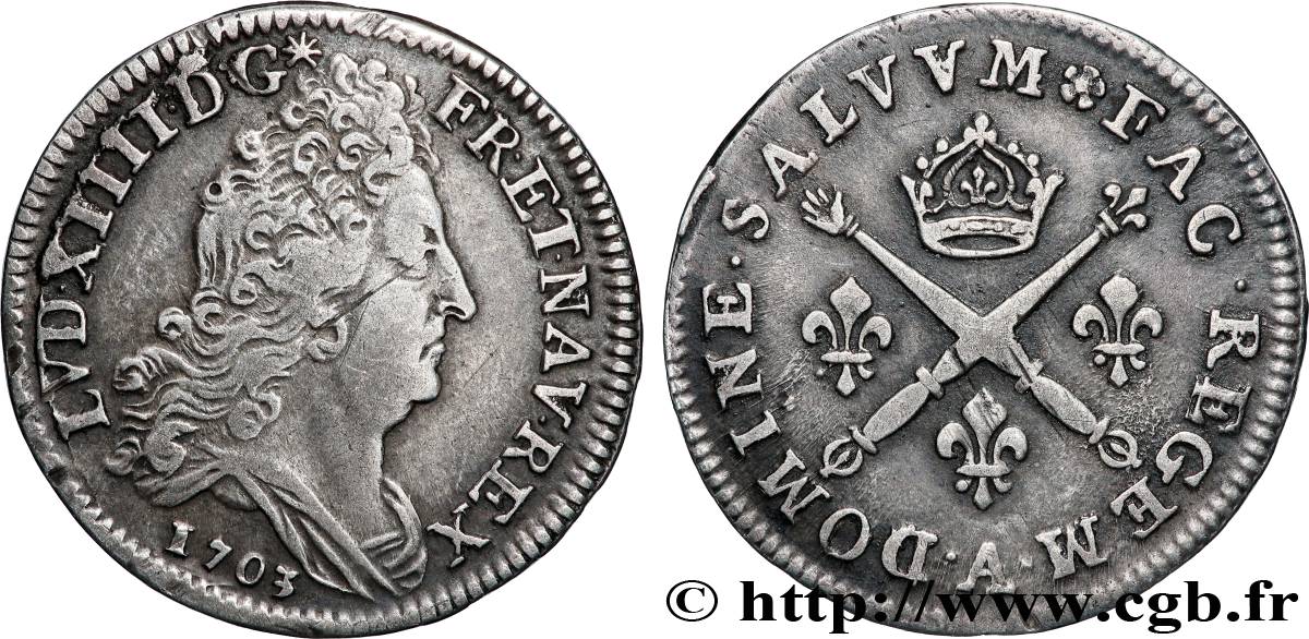 LOUIS XIV LE GRAND OU LE ROI SOLEIL 10 sols aux insignes 1703 Paris TTB