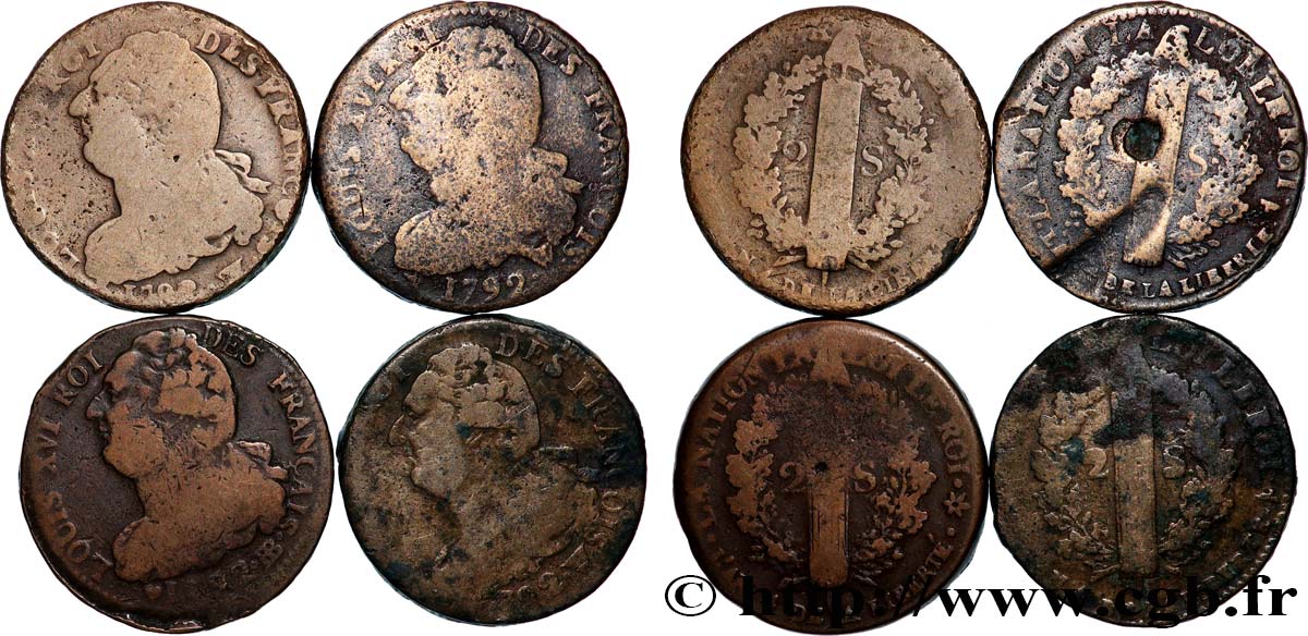 LOUIS XVI 2 sols dit  au faisceau , types divers, lot de 4 ex. n.d. Ateliers divers lot