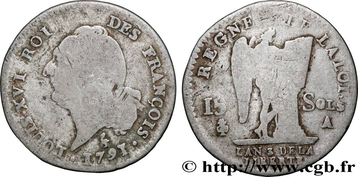 LOUIS XVI 15 sols dit  au génie , type FRANÇOIS 1791 Paris MB