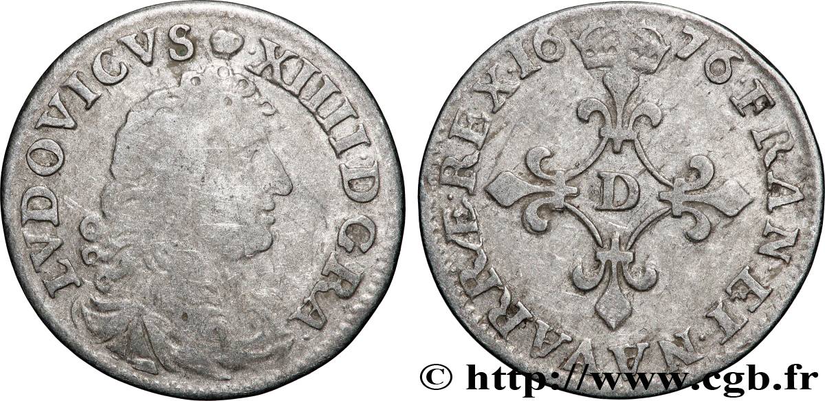 LOUIS XIV &nbsp;THE SUN KING&nbsp; Quatre sols à la croix formée de lis 1676 Vimy-en-Lyonnais (actuellement Neuville-sur-Saône) S/SS