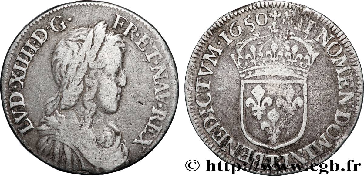 LOUIS XIV &nbsp;THE SUN KING&nbsp; Demi-écu, portrait à la mèche longue 1650 Nantes fSS