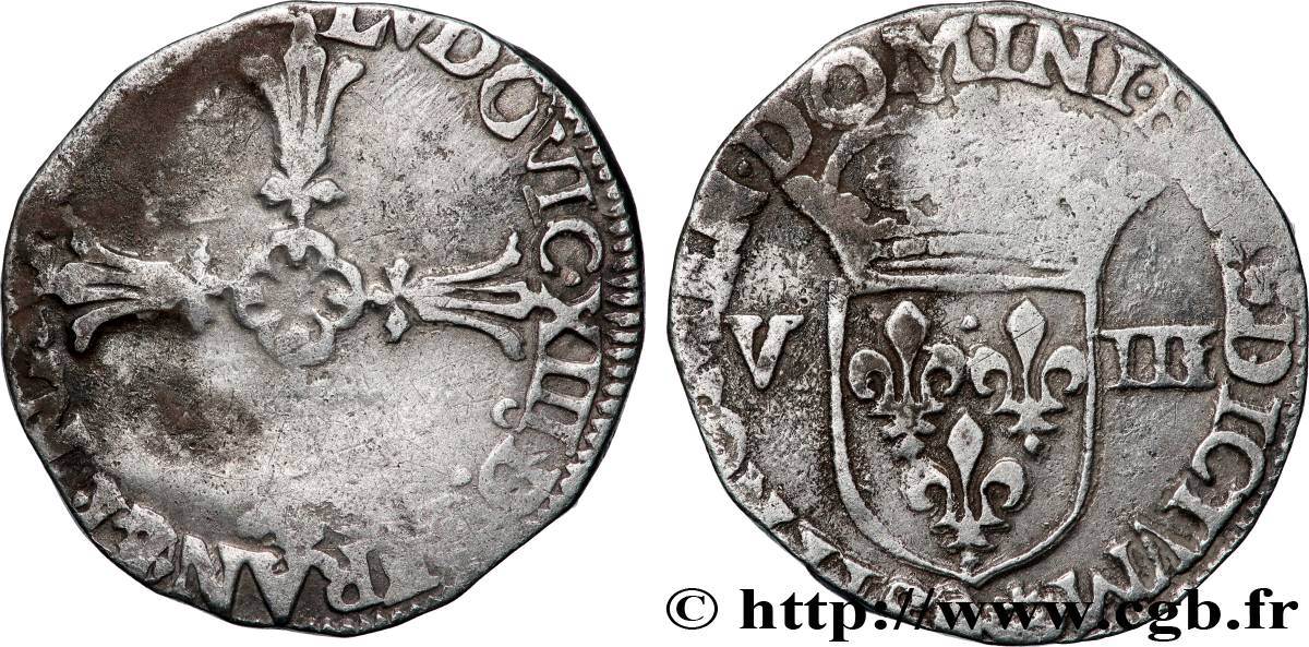 LOUIS XIII Huitième d&nbsp;écu, à la croix fleuronnée, titulature côté croix s.m. Rennes XF