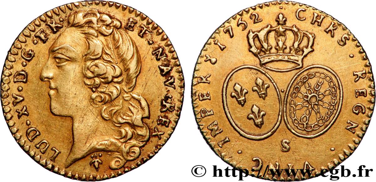 LOUIS XV  THE WELL-BELOVED  Demi-louis d’or aux écus ovales, tête ceinte d’un bandeau 1752 Reims fVZ