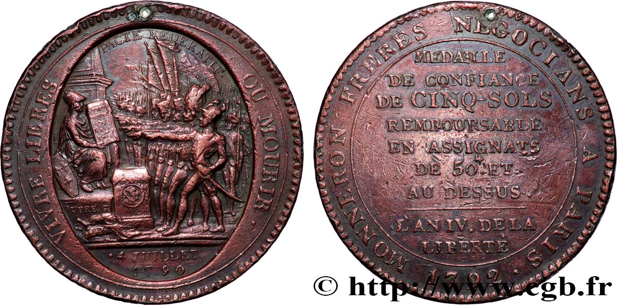REVOLUTION COINAGE Monneron de 5 sols au serment (An IV), 3e type 1792 Birmingham, Soho fVZ
