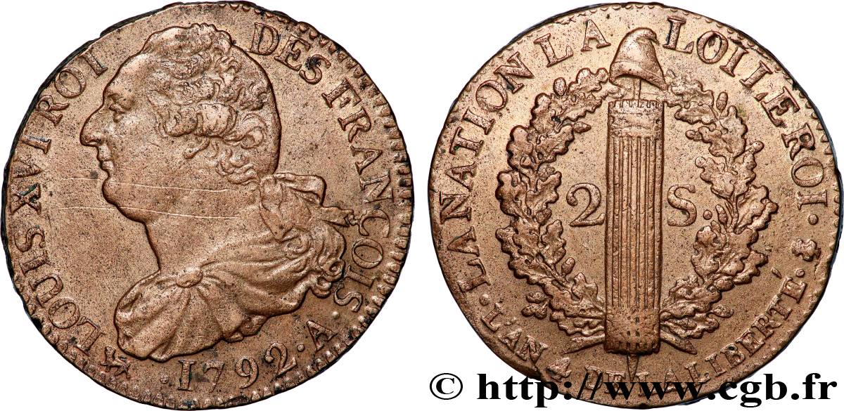 LOUIS XVI 2 sols dit  au faisceau , type FRANÇOIS 1792 Paris fVZ/VZ