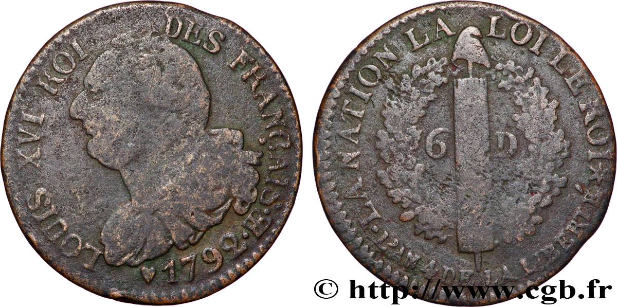 LOUIS XVI 6 deniers dit  au faisceau , type FRANÇAIS 1792 Strasbourg fSS