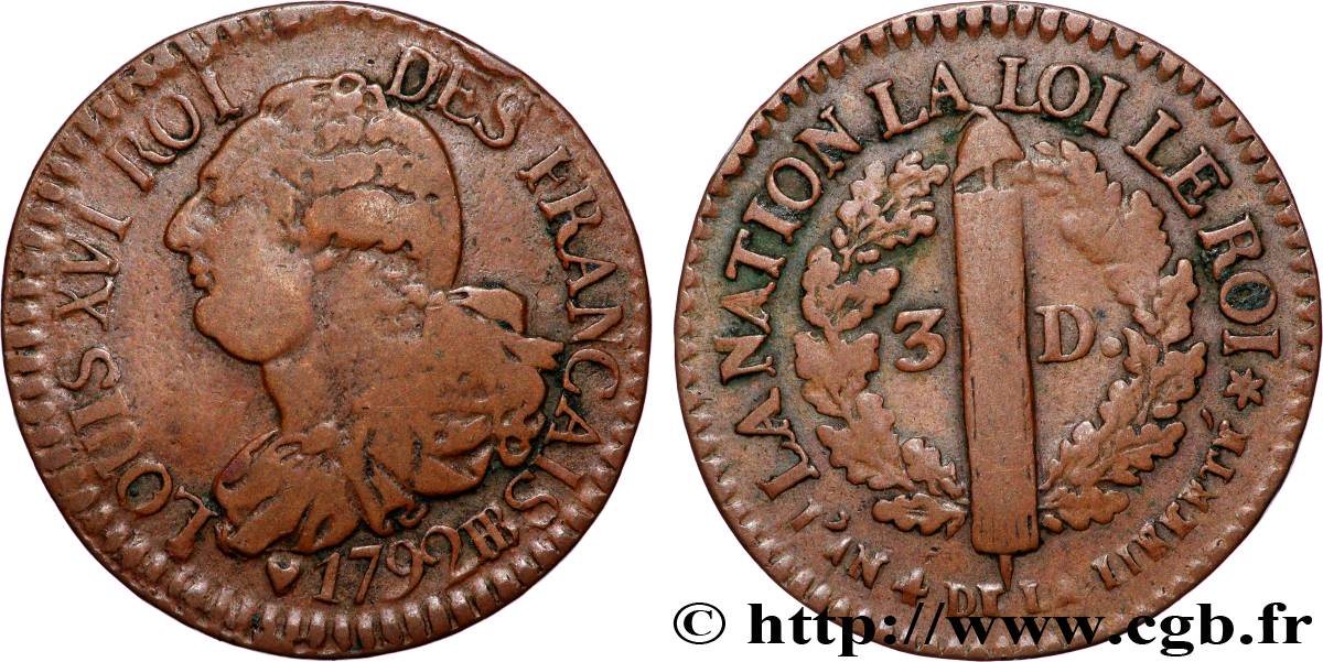LOUIS XVI 3 deniers dit  au faisceau , légende FRANÇAIS 1792 Strasbourg fSS