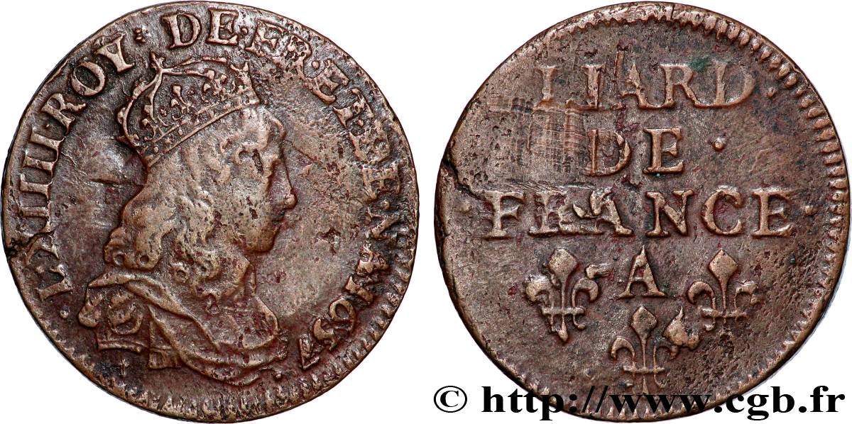 LOUIS XIV  THE SUN KING  Liard de cuivre, 2e type 1657 Corbeil SS