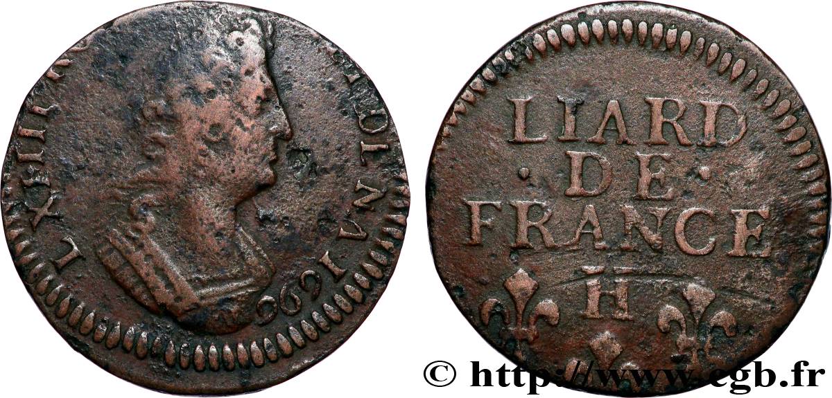 LOUIS XIV  THE SUN KING  Liard, 3e type, buste âgé 1696 La Rochelle MBC