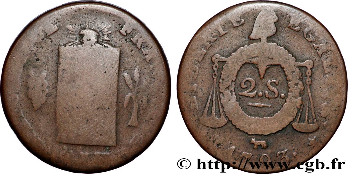 NATIONALKONVENT 2 sols dit  à la table de loi  1793 Pau SGE