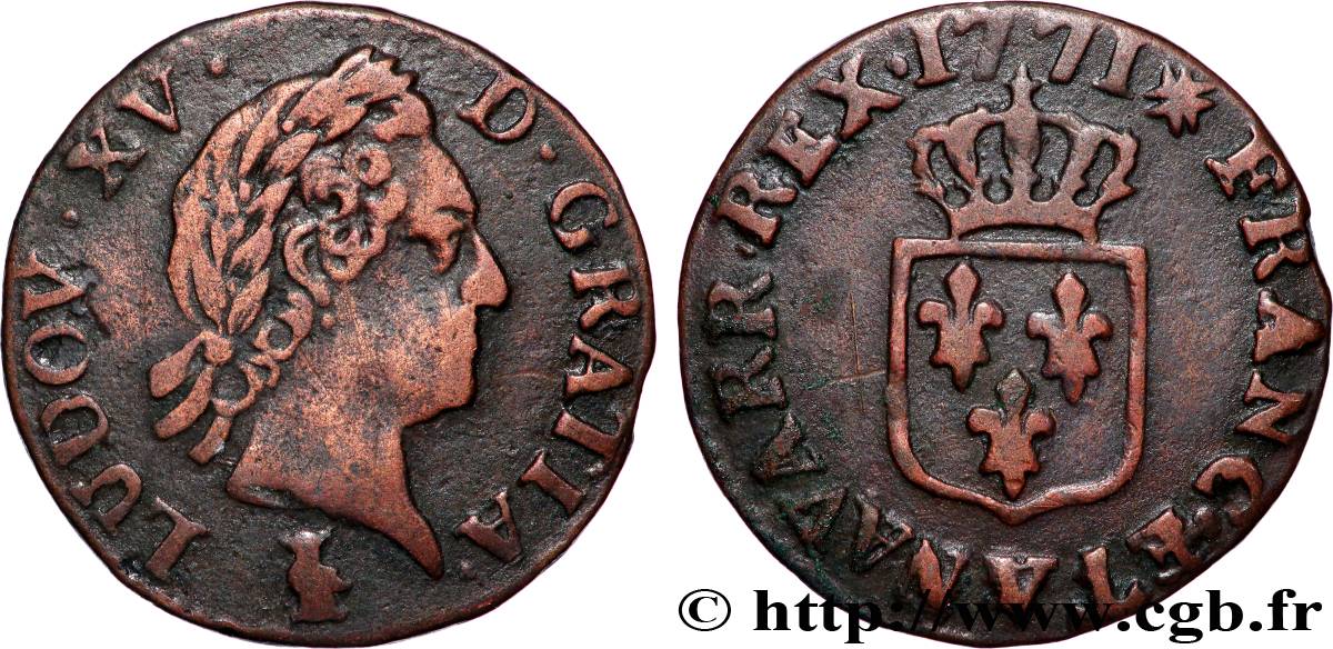 LOUIS XV  THE WELL-BELOVED  Liard dit  à la vieille tête  1771 Troyes MBC