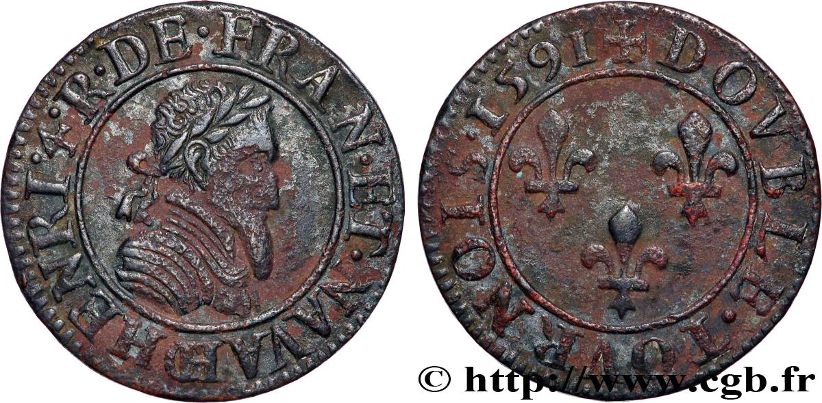 HENRY IV Double tournois, 2e type de Châlons-sur-Marne 1591 Châlons-en-Champagne fVZ/SS