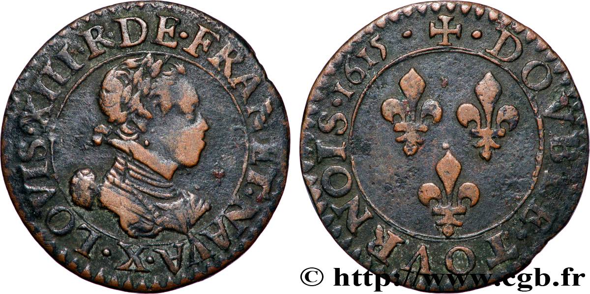 LOUIS XIII  Double tournois, type 2 1615 Amiens SS