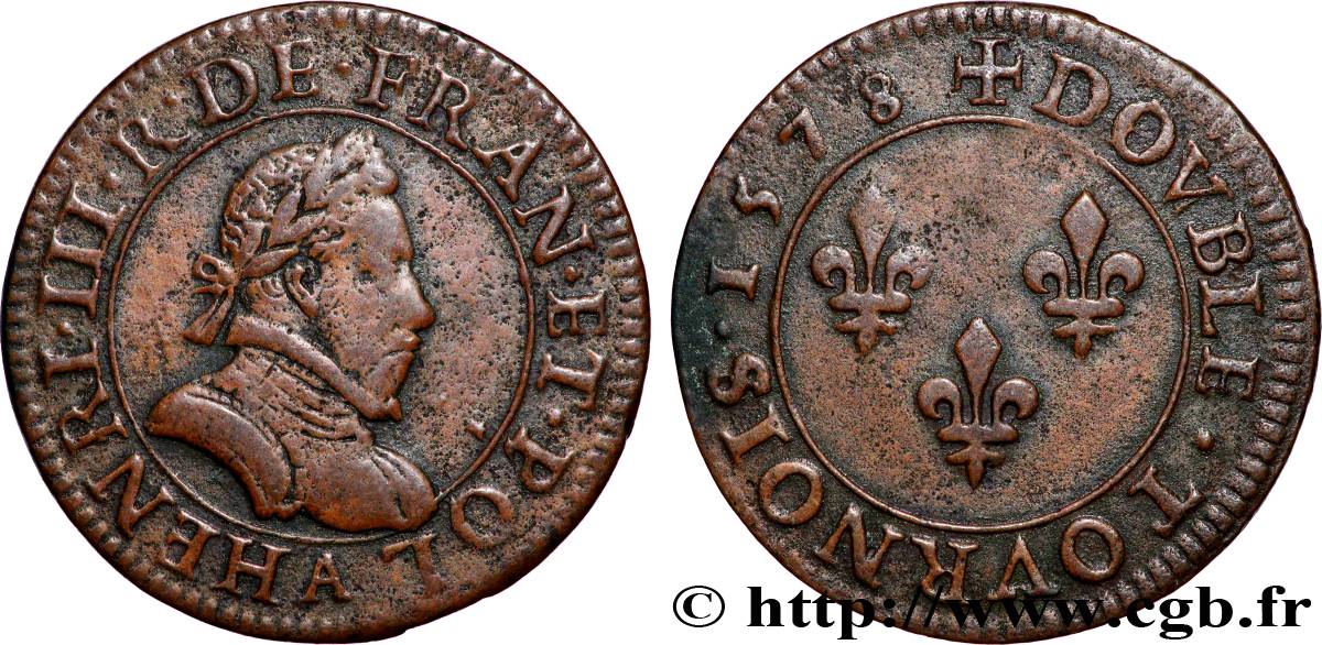 HENRY III Double tournois, 1er type de Paris 1578 Paris, Moulin des Étuves fSS/SS