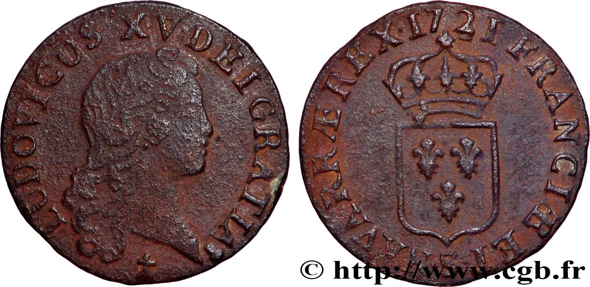 LOUIS XV  THE WELL-BELOVED  Liard au buste enfantin 1721 Reims fSS/SS