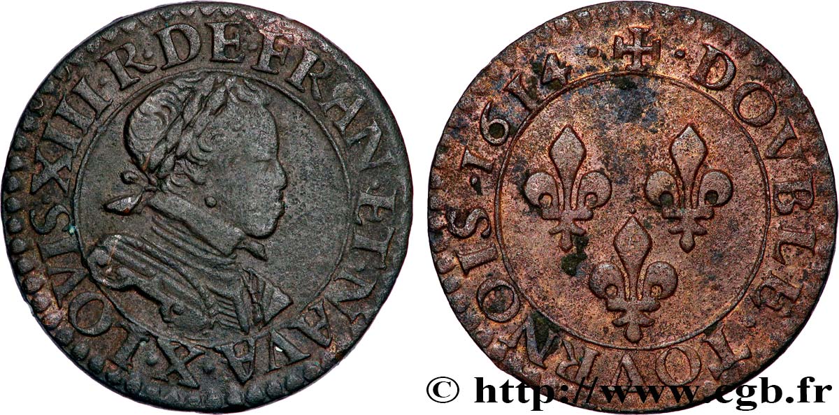 LOUIS XIII  Double tournois, type 1 1614 Amiens fVZ