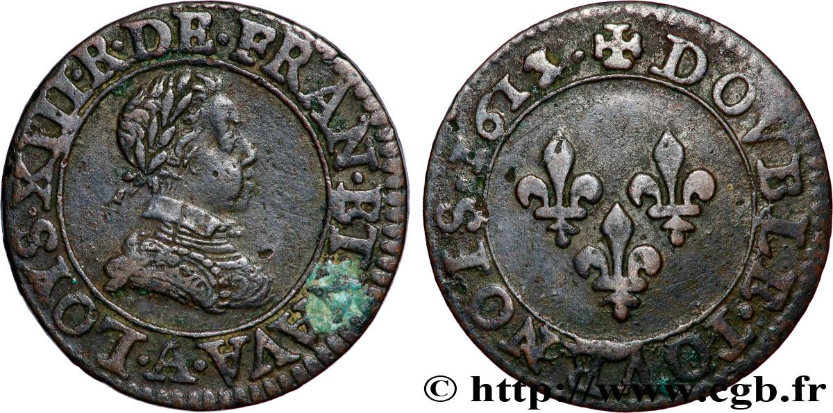 LOUIS XIII LE JUSTE Double tournois, type 1 1613 Paris, Moulin du Louvre TTB+/TTB