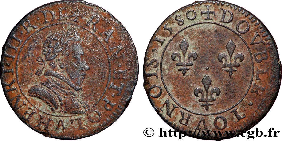 HENRI III Double tournois, 1er type de Paris 1580 Paris, Moulin des Étuves TTB