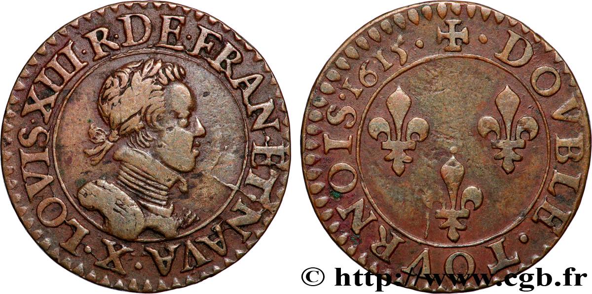 LOUIS XIII LE JUSTE Double tournois, type 2 1615 Amiens TTB