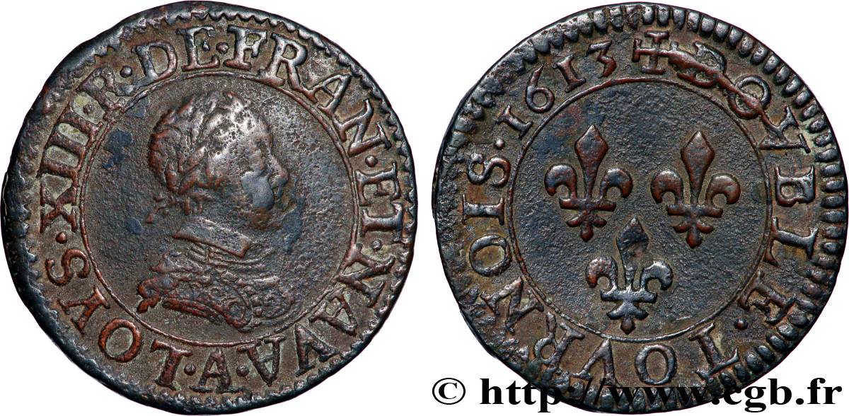 LOUIS XIII LE JUSTE Double tournois, type 1 1613 Paris, Moulin du Louvre TTB