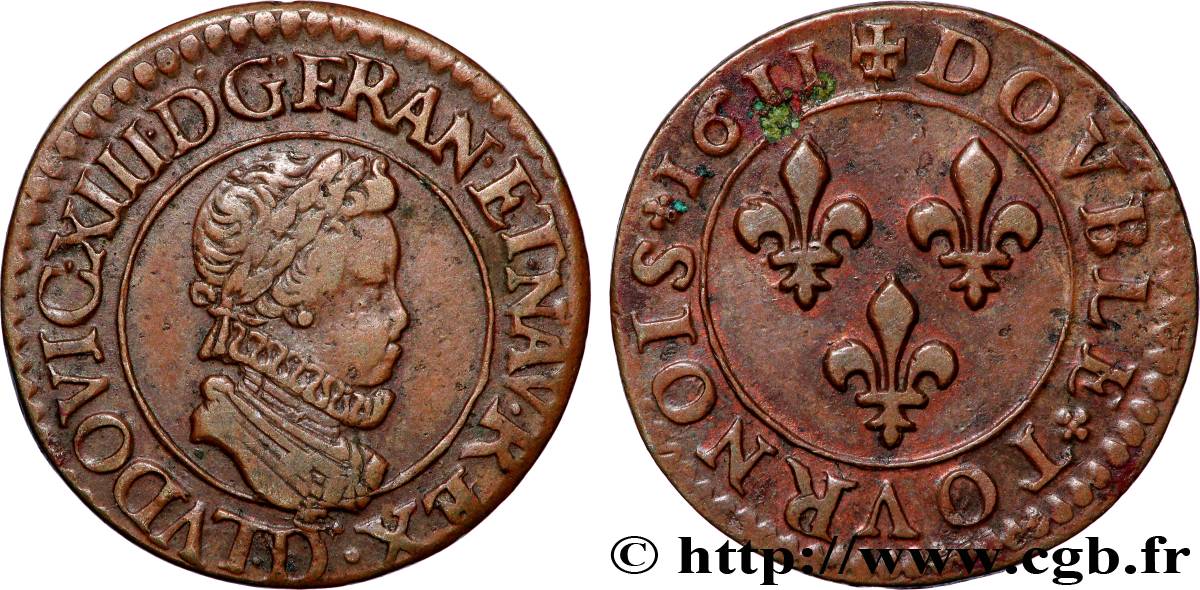 LOUIS XIII LE JUSTE Double tournois, 1er type 1611 Lyon TTB