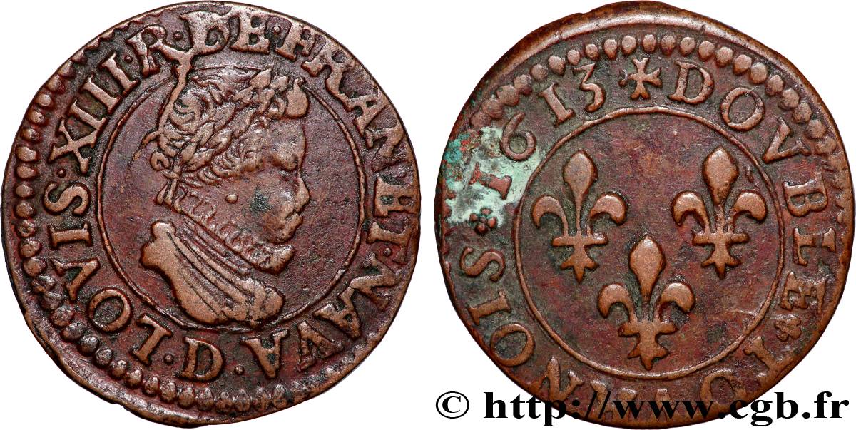 LOUIS XIII  Double tournois, type 2 1613 Lyon SS