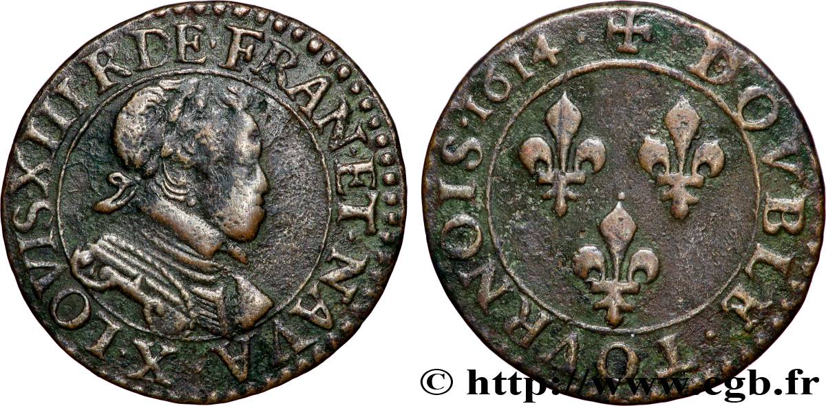 LOUIS XIII  Double tournois, type 1 1614 Amiens SS