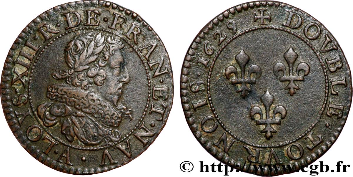 LOUIS XIII  Double tournois, type 6 de Paris 1629 Paris VZ