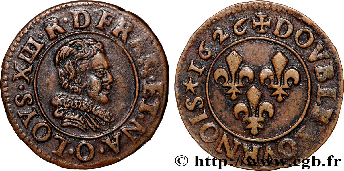 LOUIS XIII  Double tournois, petit buste adolescent au col plat de Riom 1626 Riom VZ