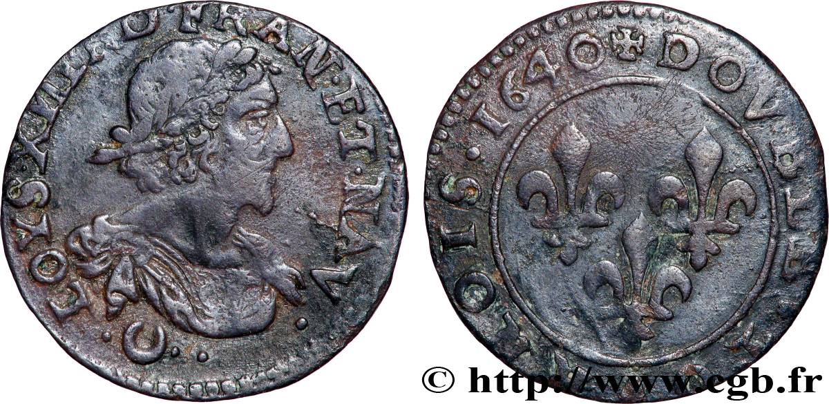 LOUIS XIII  Double tournois au grand buste viril drapé 1640 Ateliers de l’axe Loire-Rhône SS