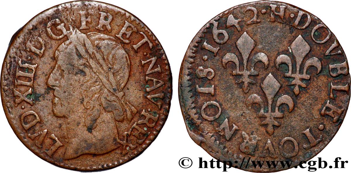 LOUIS XIII  Double tournois, type de Warin 1642 La Rochelle SS