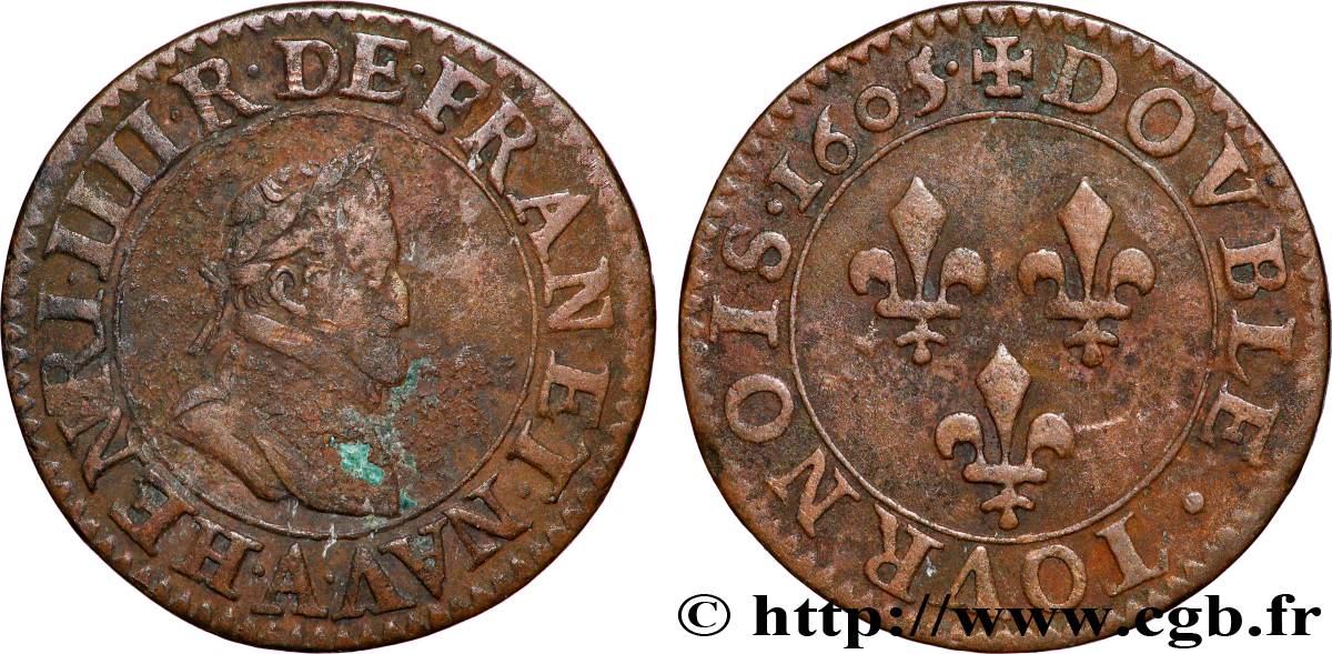 HENRY IV Double tournois, 1er type de Paris (légende française) 1605 Paris, Moulin des Étuves SS