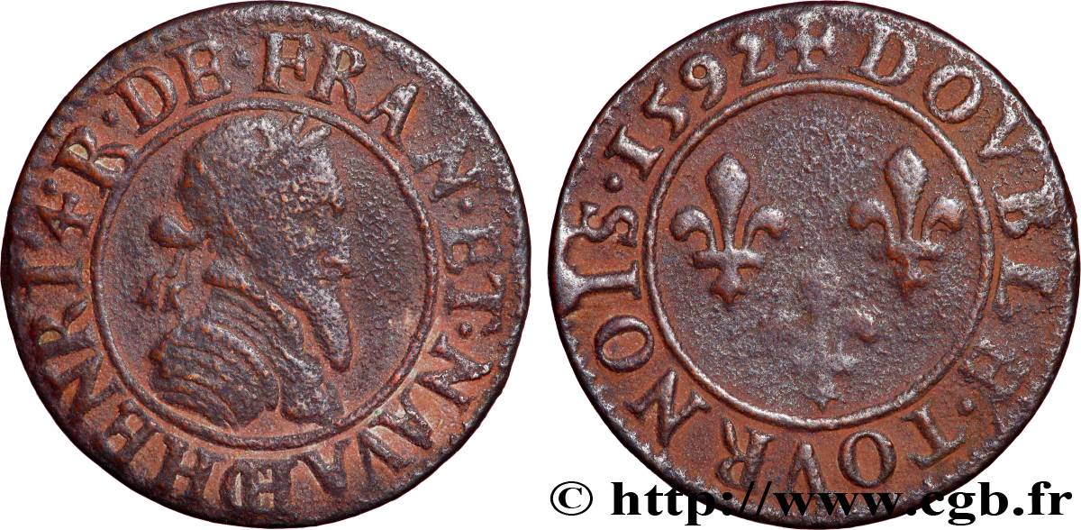HENRY IV Double tournois, 2e type de Châlons-sur-Marne 1592 Châlons-en-Champagne fSS
