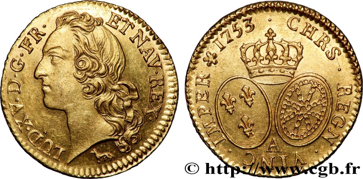 LOUIS XV  THE WELL-BELOVED  Louis d’or aux écus ovales, tête ceinte d’un bandeau 1753 Paris fST
